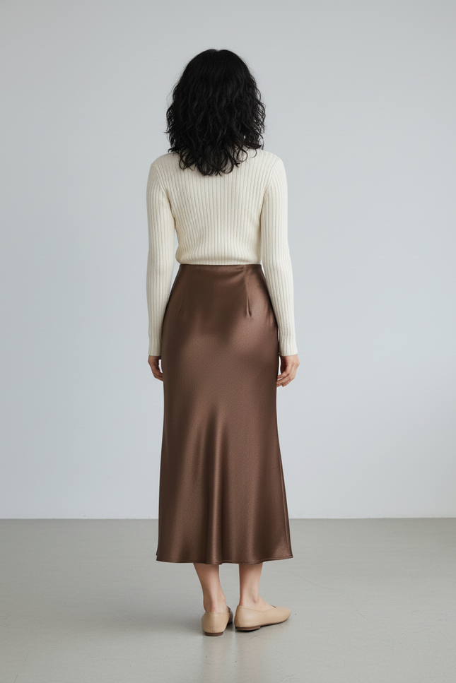Jupe Satin Marron Fluide Élégante Chaleureuse Bohème