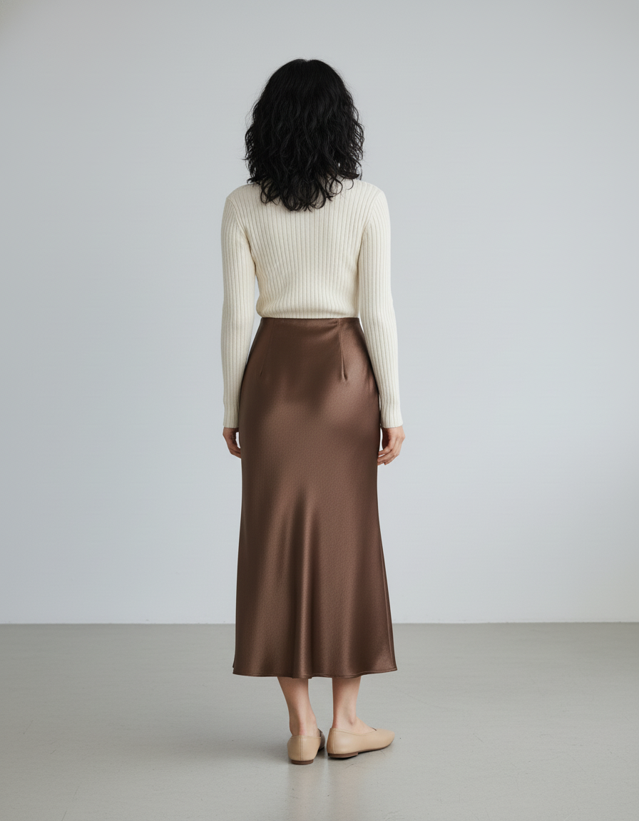 Jupe Satin Marron Fluide Élégante Chaleureuse Bohème