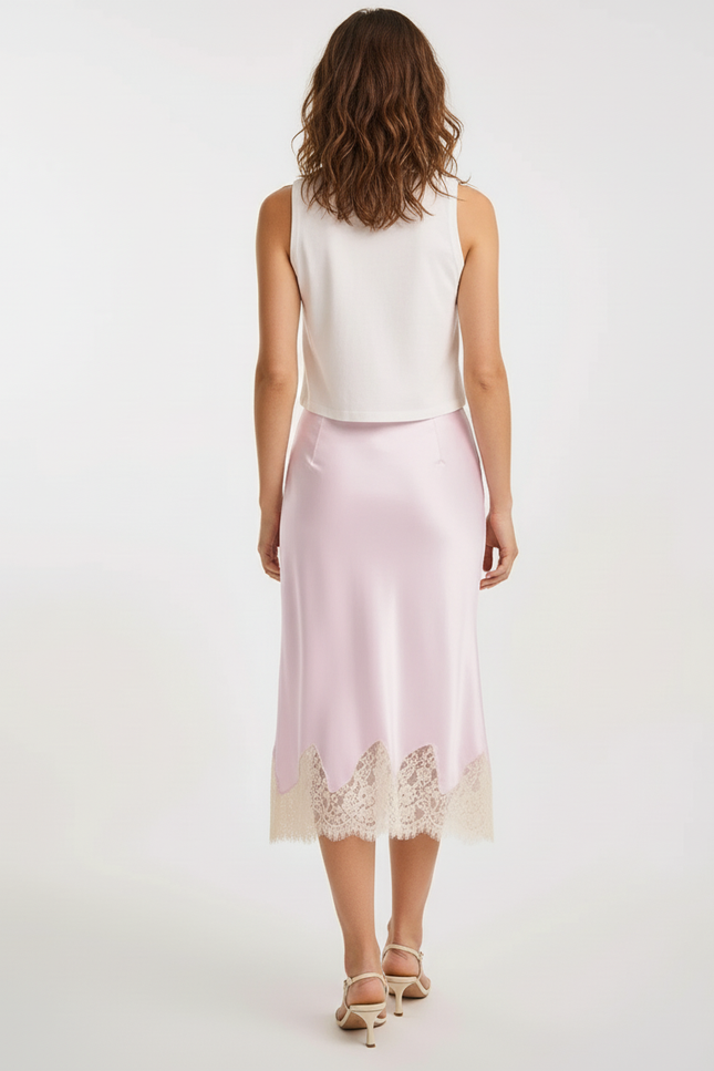 Jupe Satin Rose Pâle Dentelle Fluide