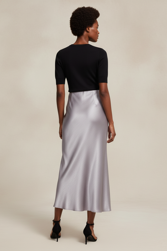 Jupe Satin Gris Argenté Midi Élégante