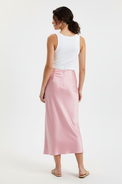Jupe Satin Rose Midi Chic