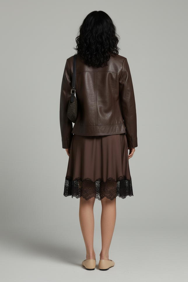 Jupe Satin Marron Dentelle Noire Fluide