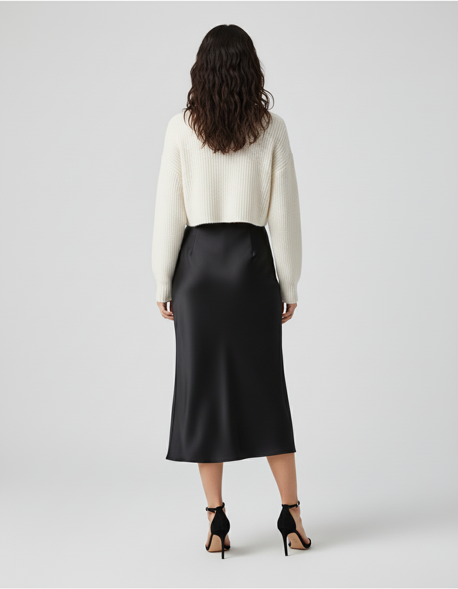 Jupe Satin Noir Fluide Élégante Urbaine