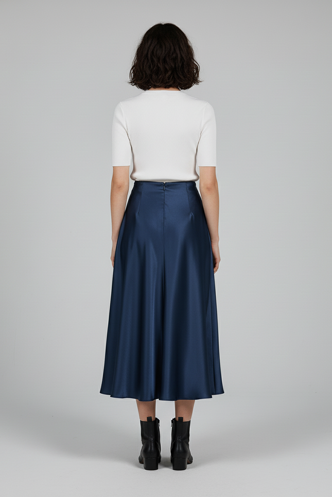 Jupe Satin Fluide Bleu Marine Chic