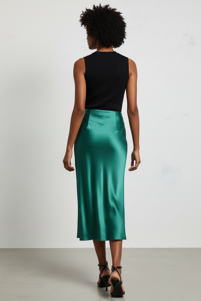 Jupe Satin Verte A-Line Fluide