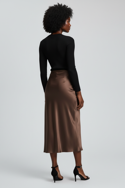 Jupe Satin Fluide Marron Élégante