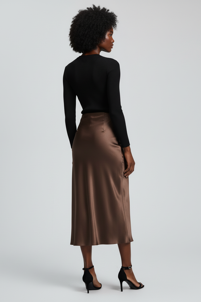 Jupe Satin Fluide Marron Élégante