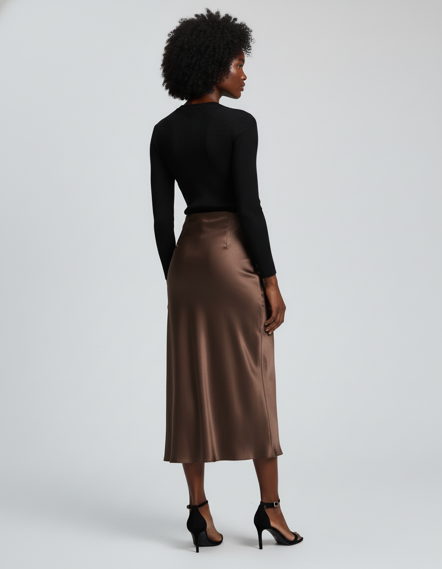 Jupe Satin Fluide Marron Élégante