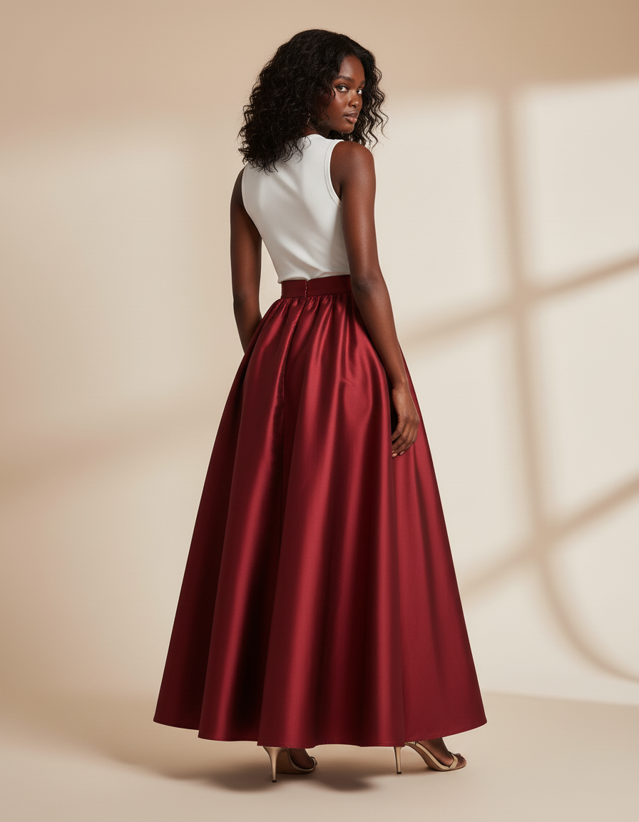 Jupe Satin Bordeaux Fluide Élégante Raffinée
