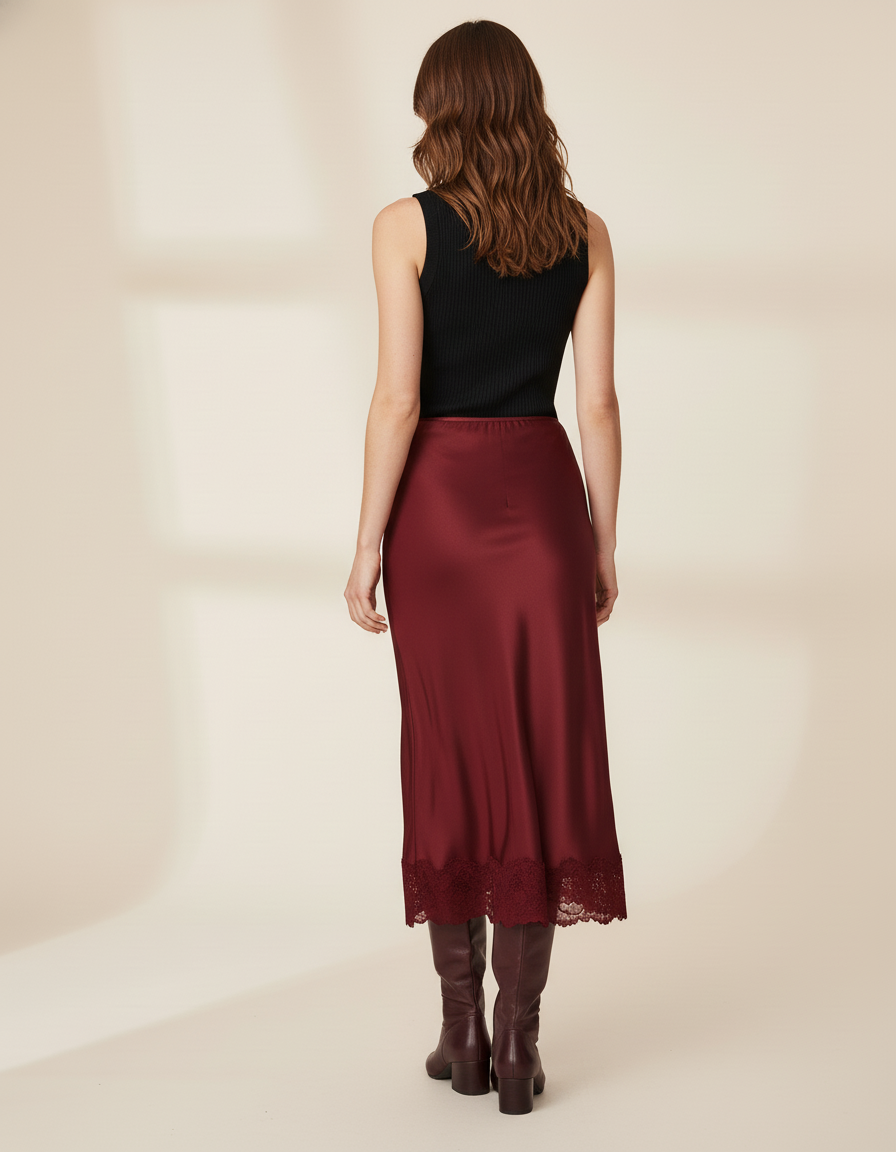 Jupe Satin Bordeaux Dentelle Élégante