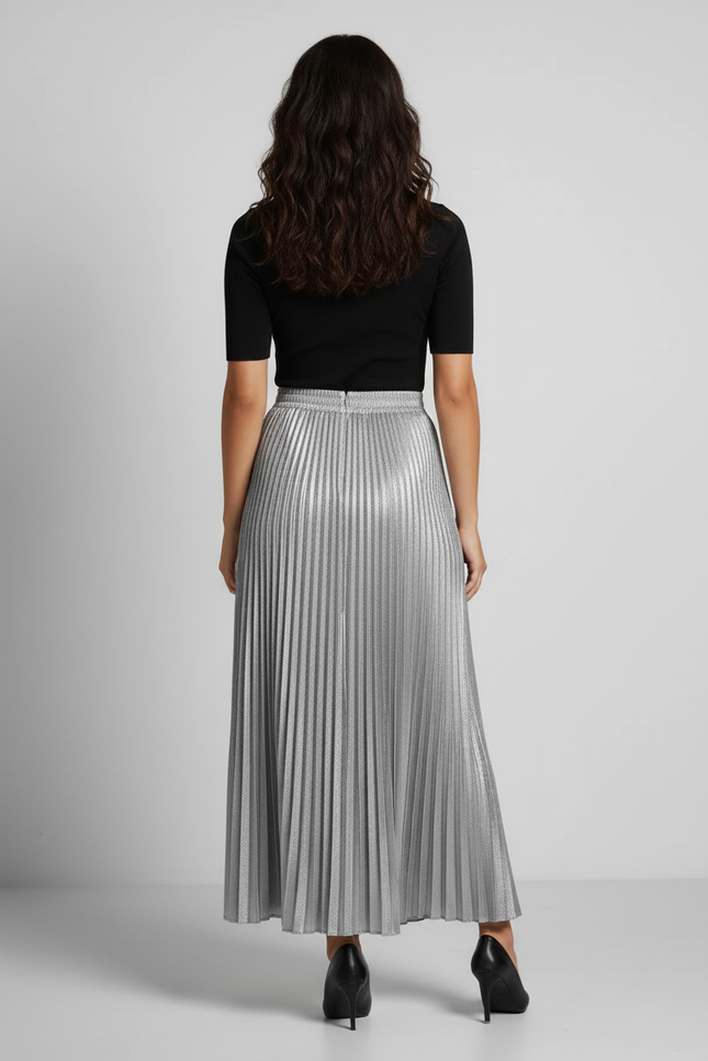 Jupe Satin Argentée Plissée Fluide