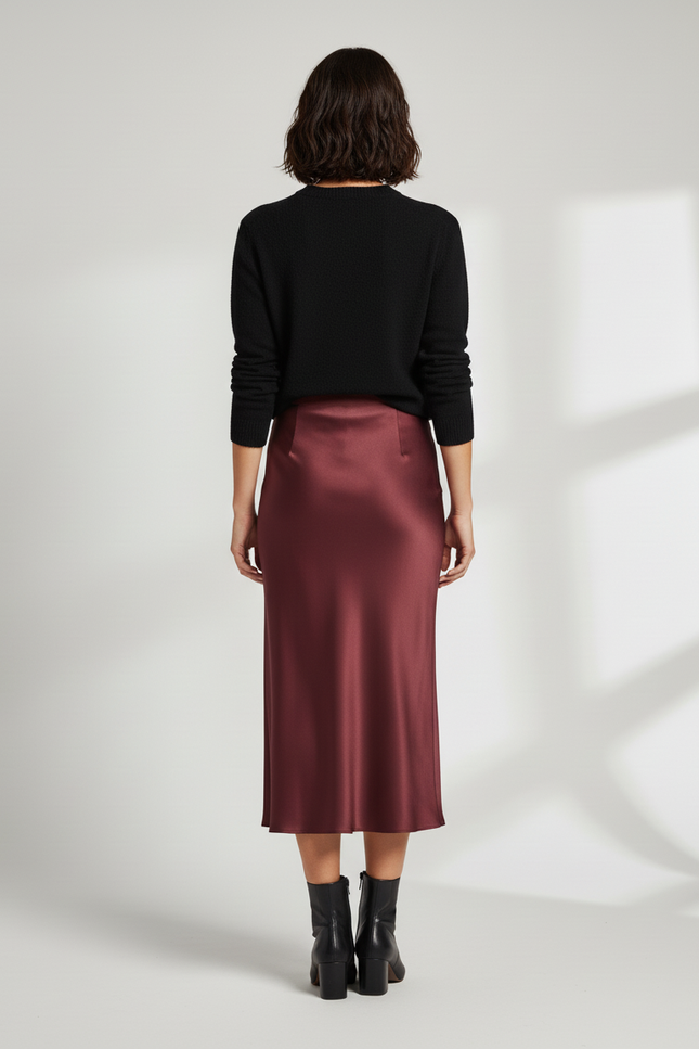 Jupe Satin Bordeaux Fluide Élégante Précieuse