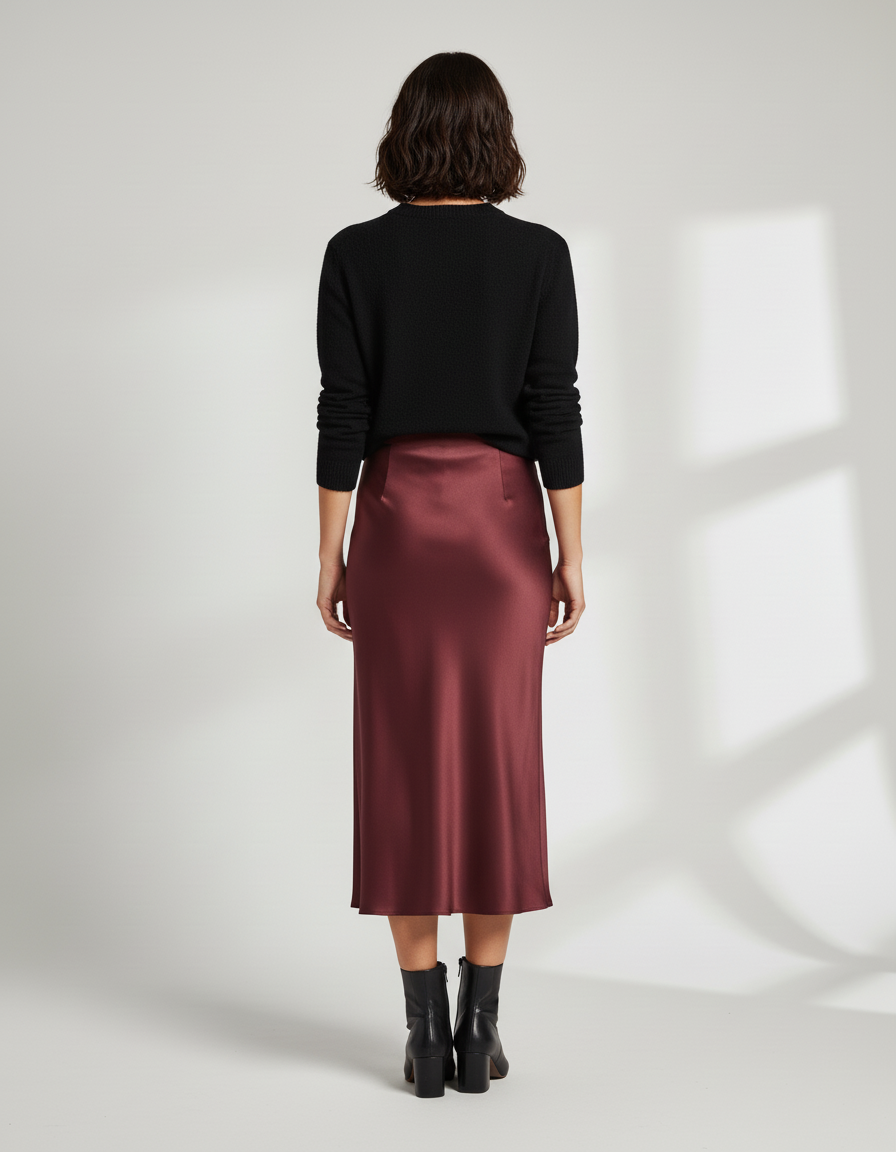 Jupe Satin Bordeaux Fluide Élégante Précieuse