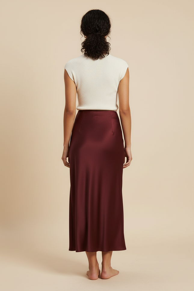 Jupe Satin Bordeaux Longue Élégante Majestueuse