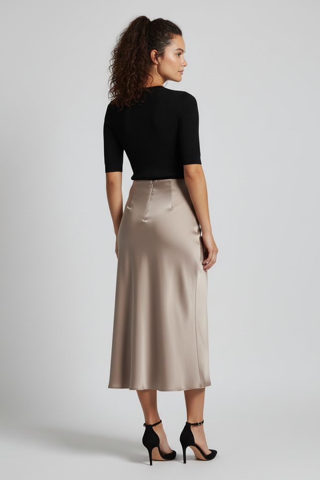 Jupe Satin Midi Champagne Fluide
