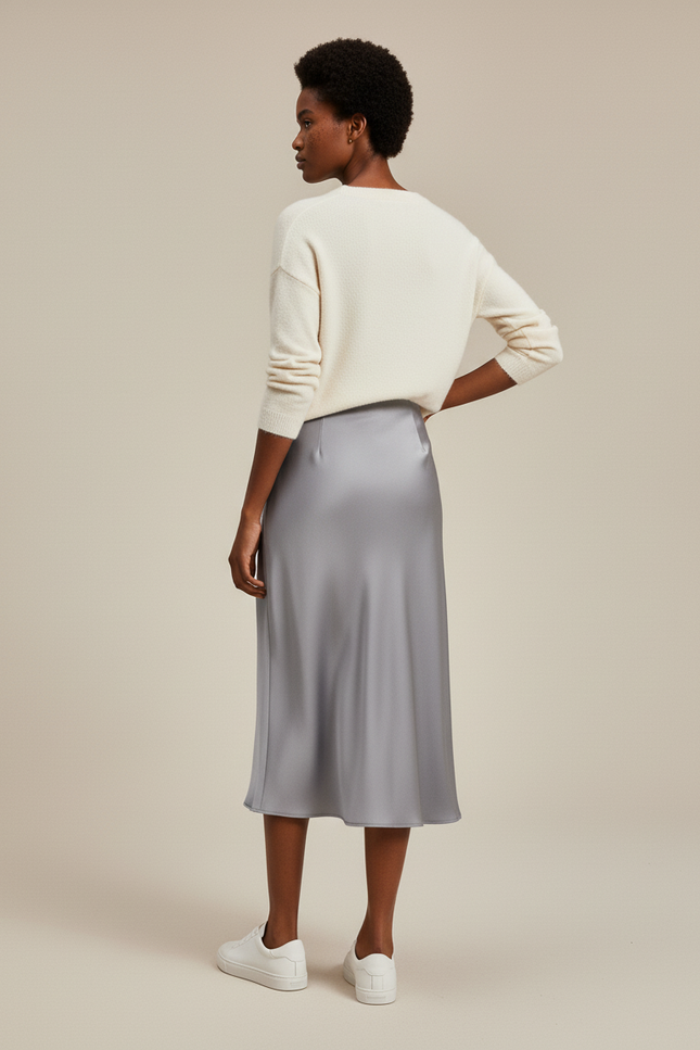 Jupe Satin Grise Midi Fluide