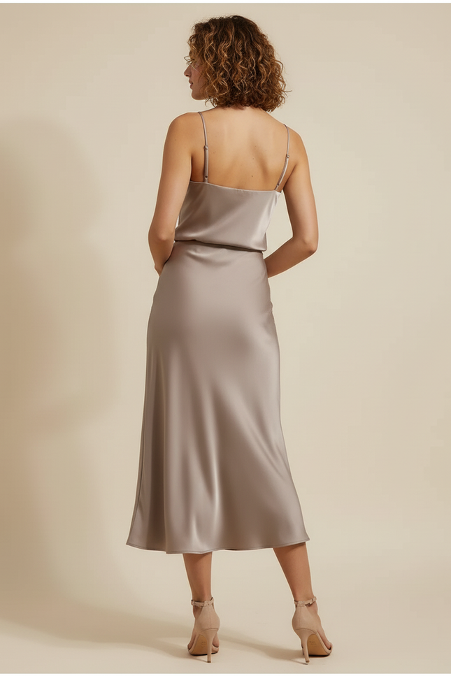 Jupe Satin Champagne Midi Fluide
