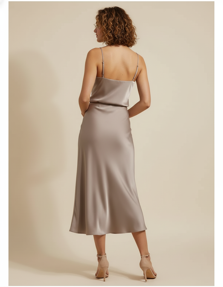 Jupe Satin Champagne Midi Fluide