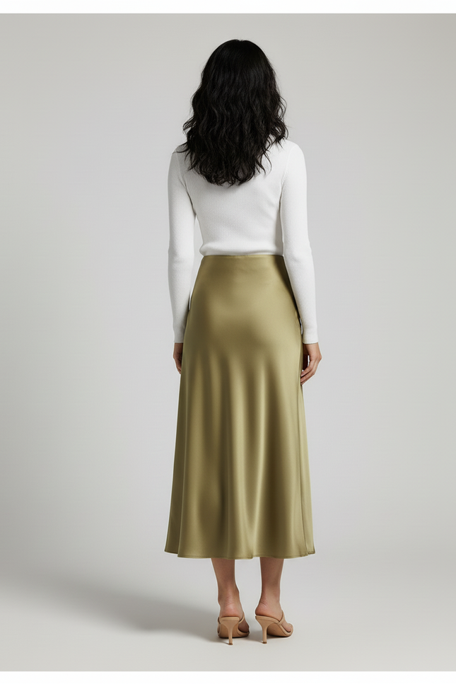 Jupe Satin Vert Olive Midi Fluide Souple