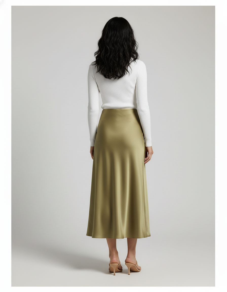 Jupe Satin Vert Olive Midi Fluide Souple