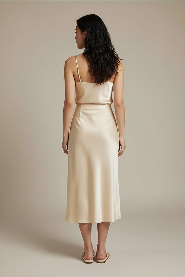 Jupe Satin Champagne Midi Fluide Délicate