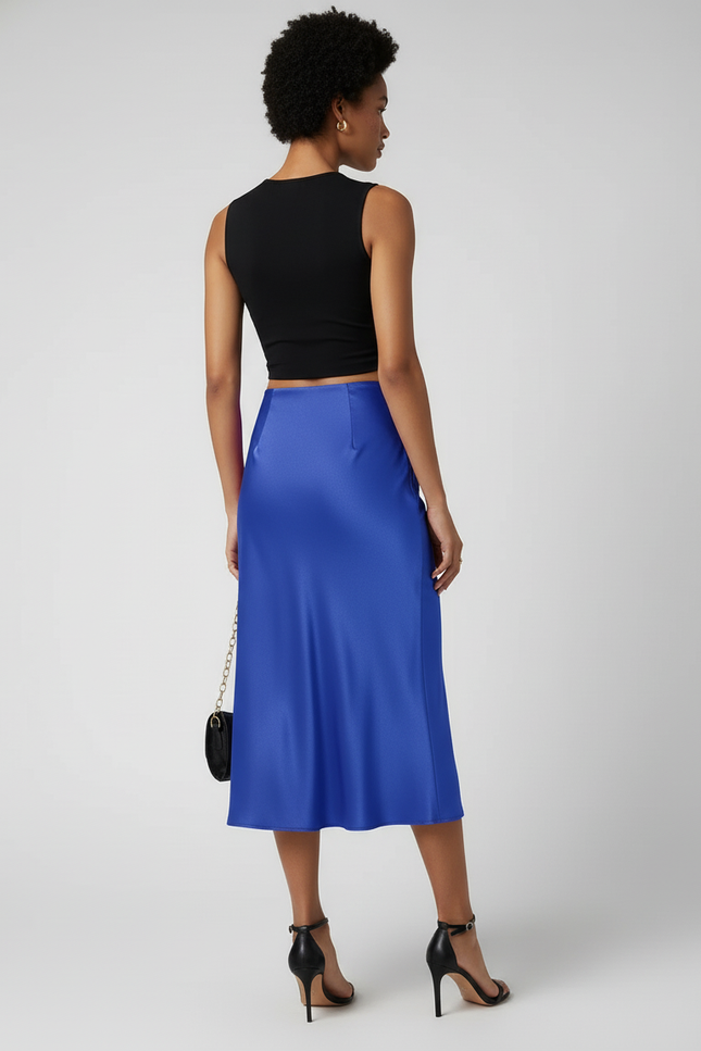 Jupe Satin Bleu Fluide Élégante
