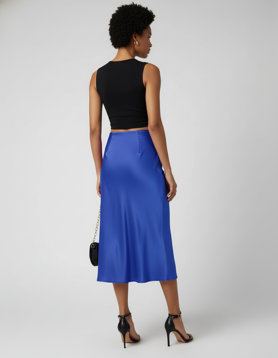 Jupe Satin Bleu Fluide Élégante