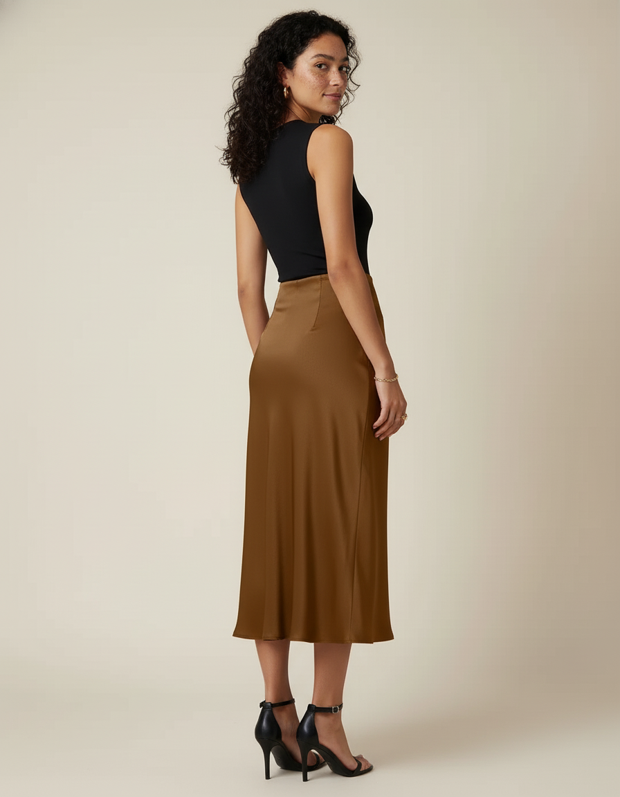 Jupe Satin Marron Fluide Élégante Classique