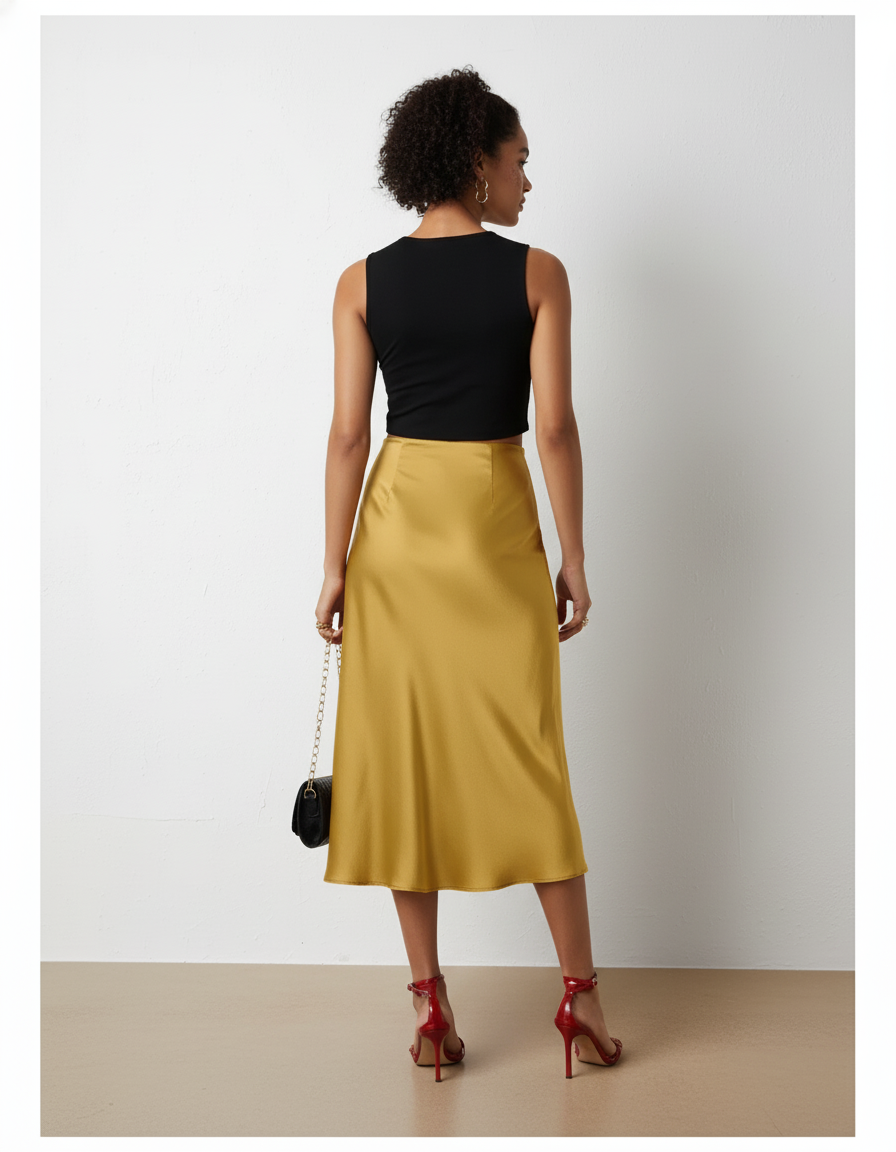 Jupe Satin Champagne Midi Fluide Chic