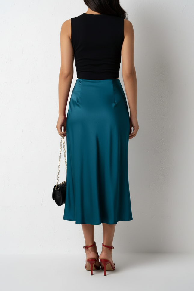 Jupe Satin Bleu Pétrole Fluide Élégante