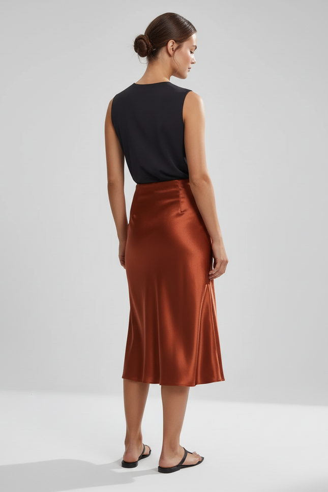 Jupe Satin Cuivrée Fluide Élégante Originale