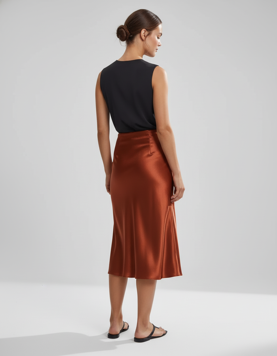 Jupe Satin Cuivrée Fluide Élégante Originale