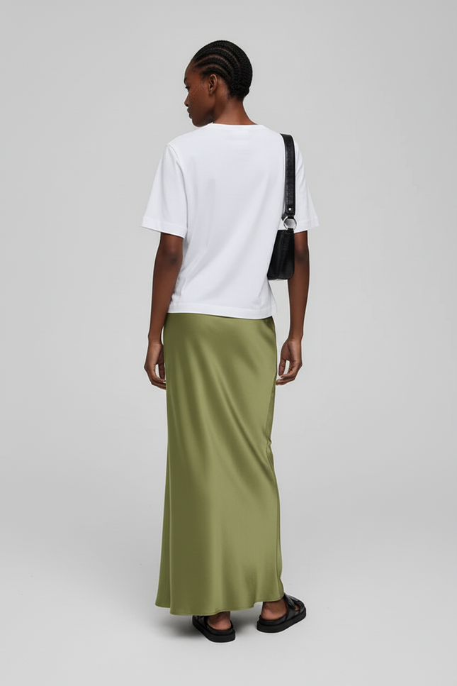 Jupe Satin Vert Olive Longue Fluide
