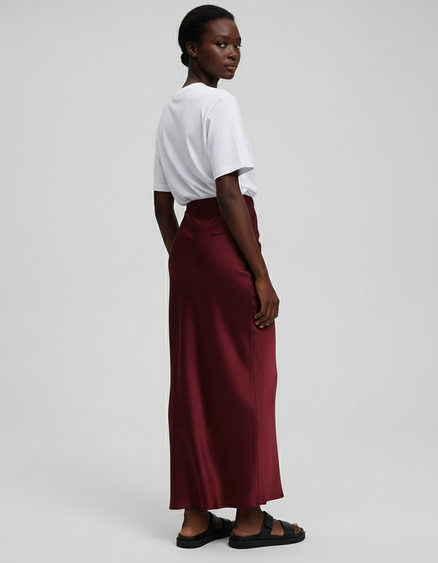 Jupe Satin Bordeaux Fluide Élégante Noble