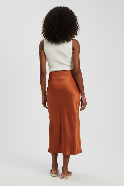 Jupe Satin Cuivrée Midi Élégante