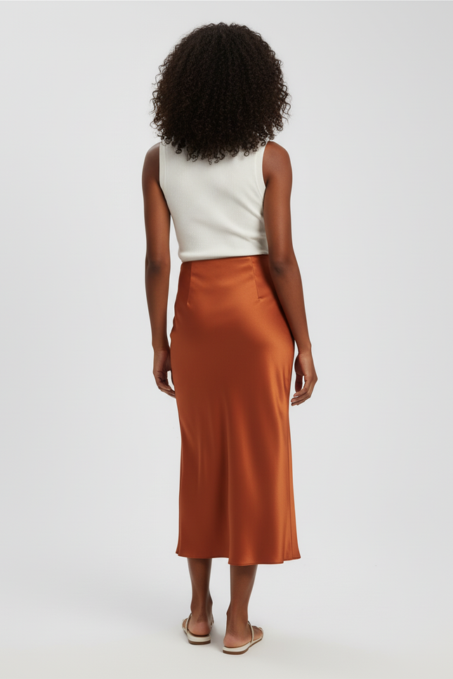 Jupe Satin Cuivrée Midi Élégante