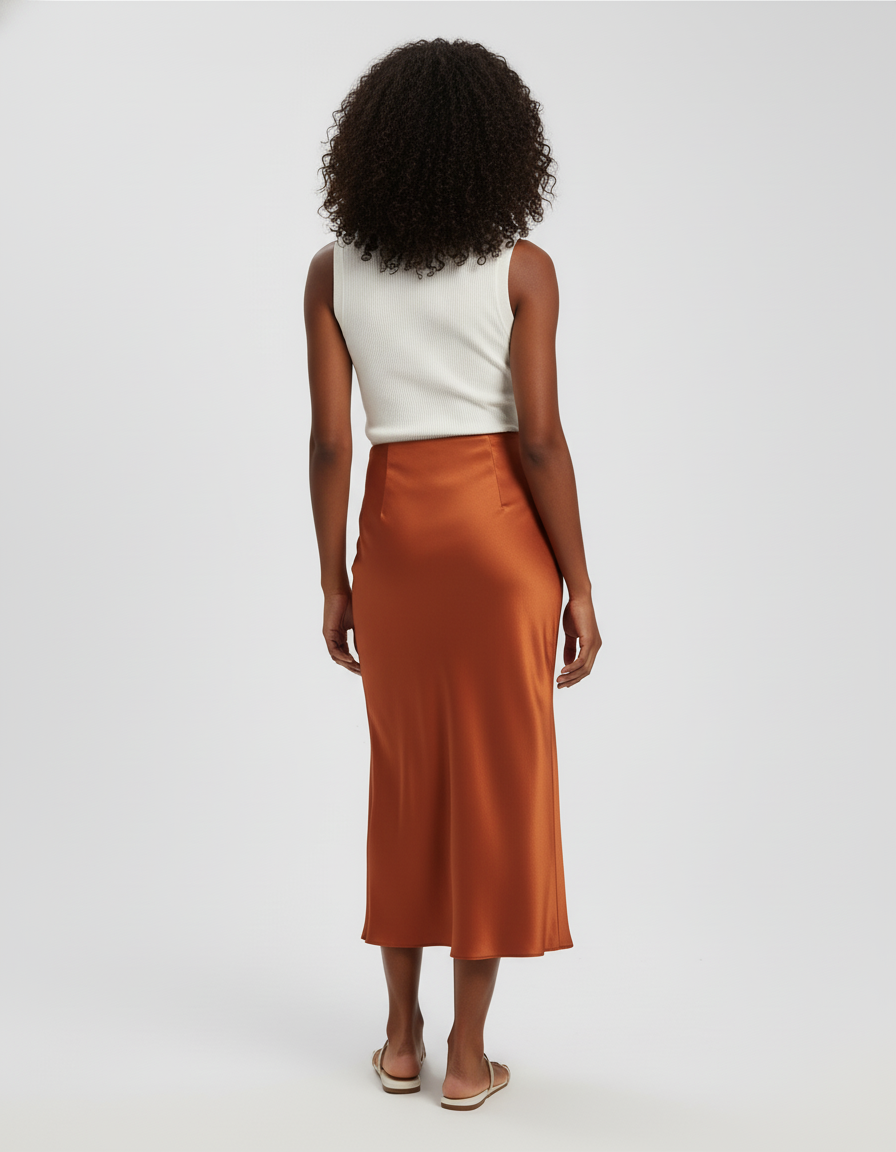 Jupe Satin Cuivrée Midi Élégante