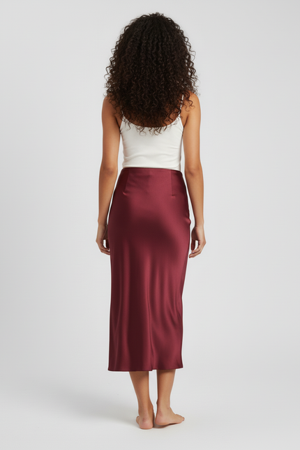 Jupe Satin Bordeaux Midi Fluide