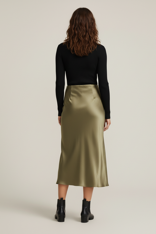 Jupe Satin Kaki Midi Chic