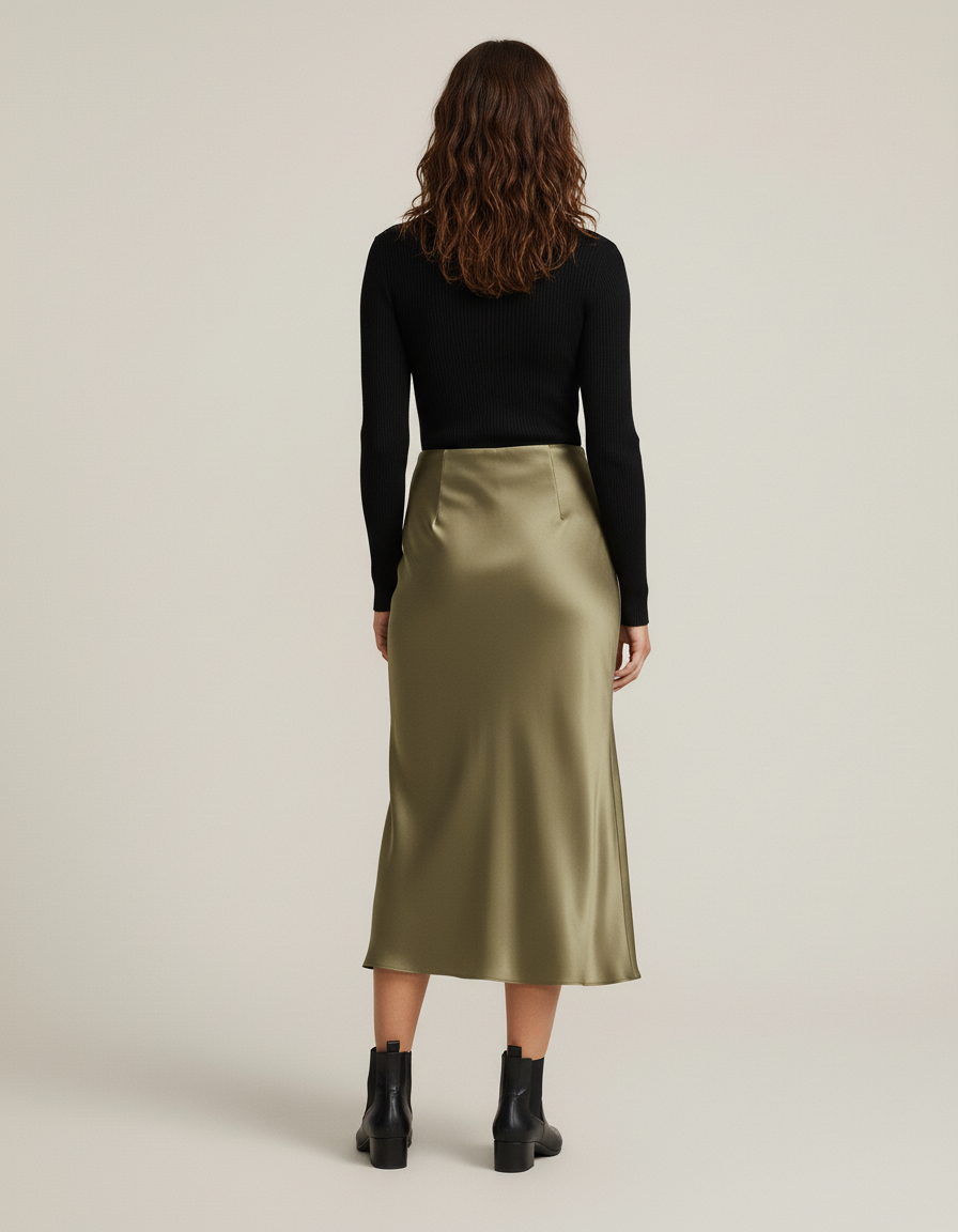 Jupe Satin Kaki Midi Chic