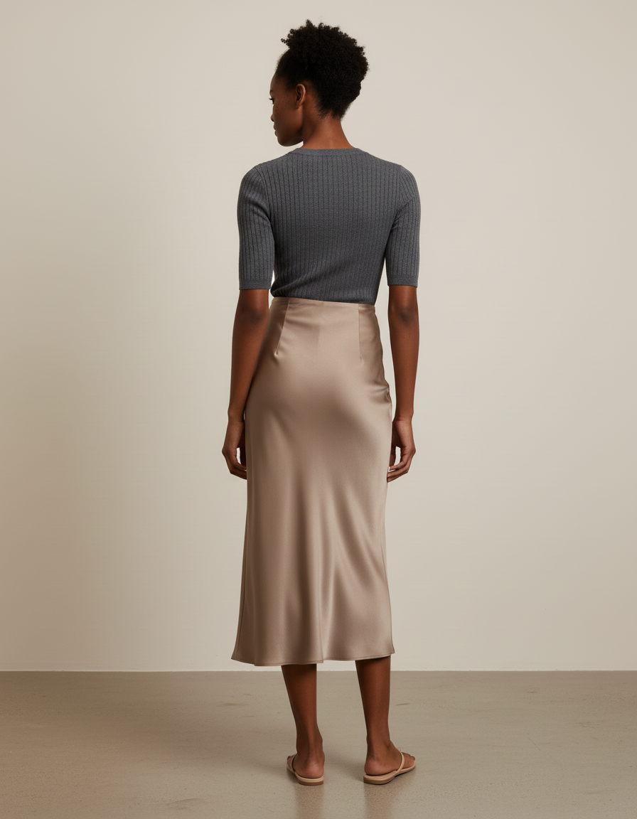 Jupe Satin Beige Longue Élégante Minimaliste