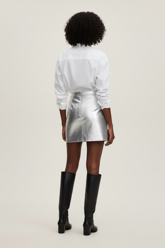 Jupe Satin Argentée Brillante Sexy