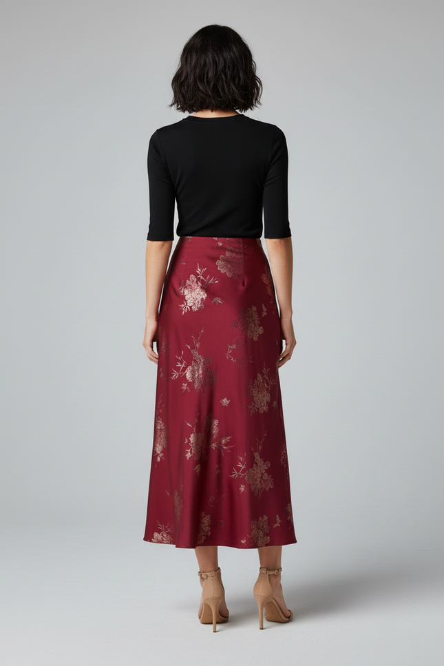 Jupe Trapèze Mi Longue Satinée Motif Floral