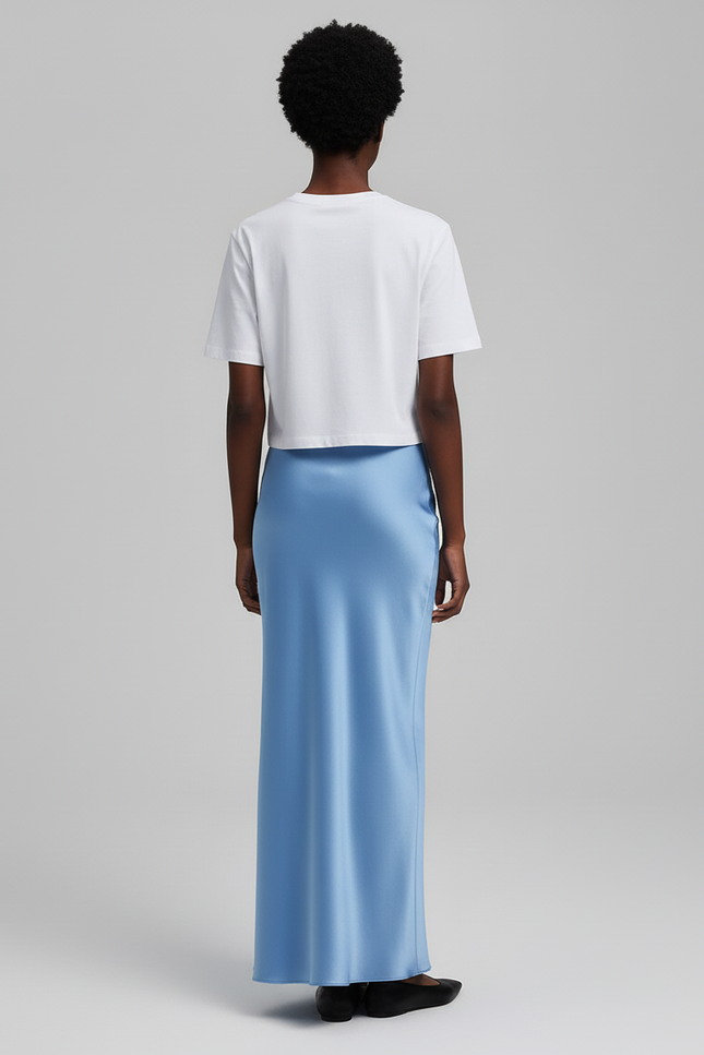 Jupe Satin Bleu Ciel Fluide Élégante Fraîche