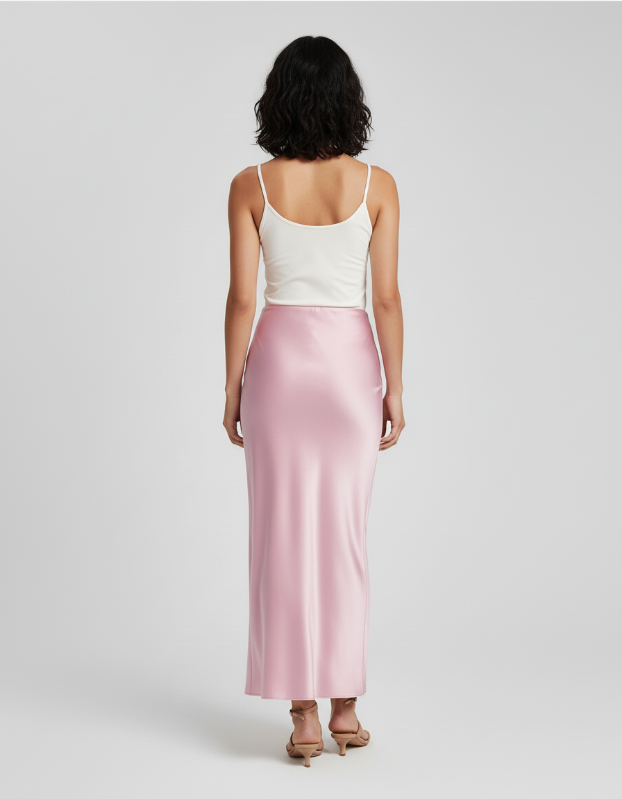 Jupe Satin Rose Pâle Longue Fluide