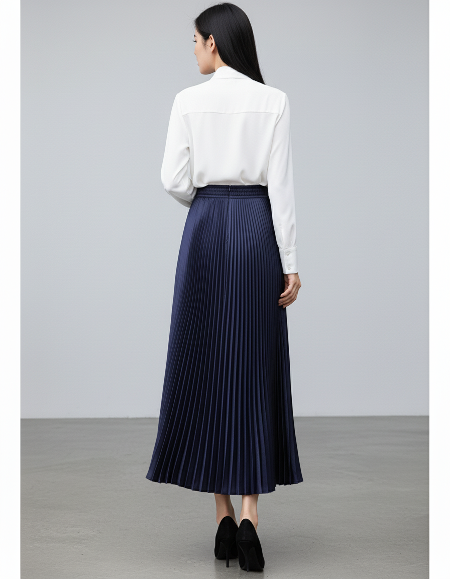 Jupe Plissée Bleu Marine Satin