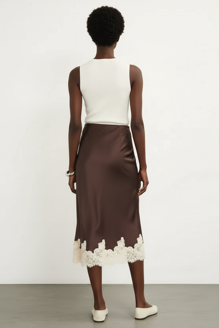 Jupe Satin Marron Dentelle Élégante