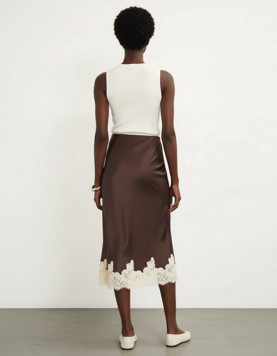 Jupe Satin Marron Dentelle Élégante