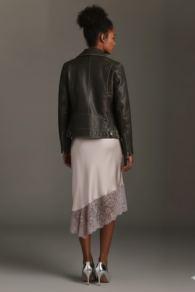 Jupe Satin Bordure Dentelle Asymétrique Fluide