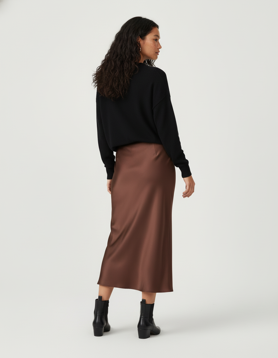 Jupe Satin Marron Fluide Élégante